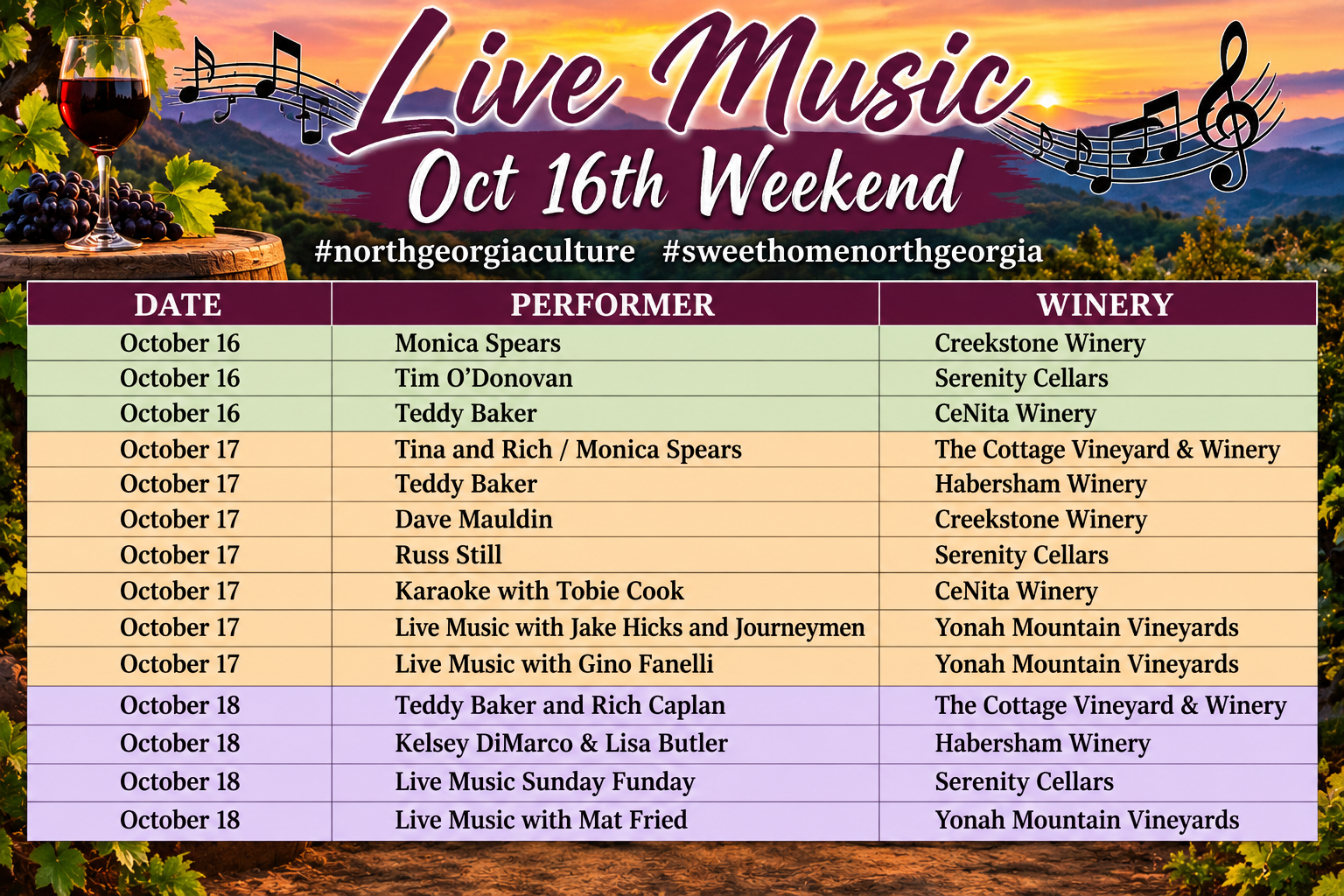 Live Music at North Georgia Wineries Oct. 16, 2026 Weekend
